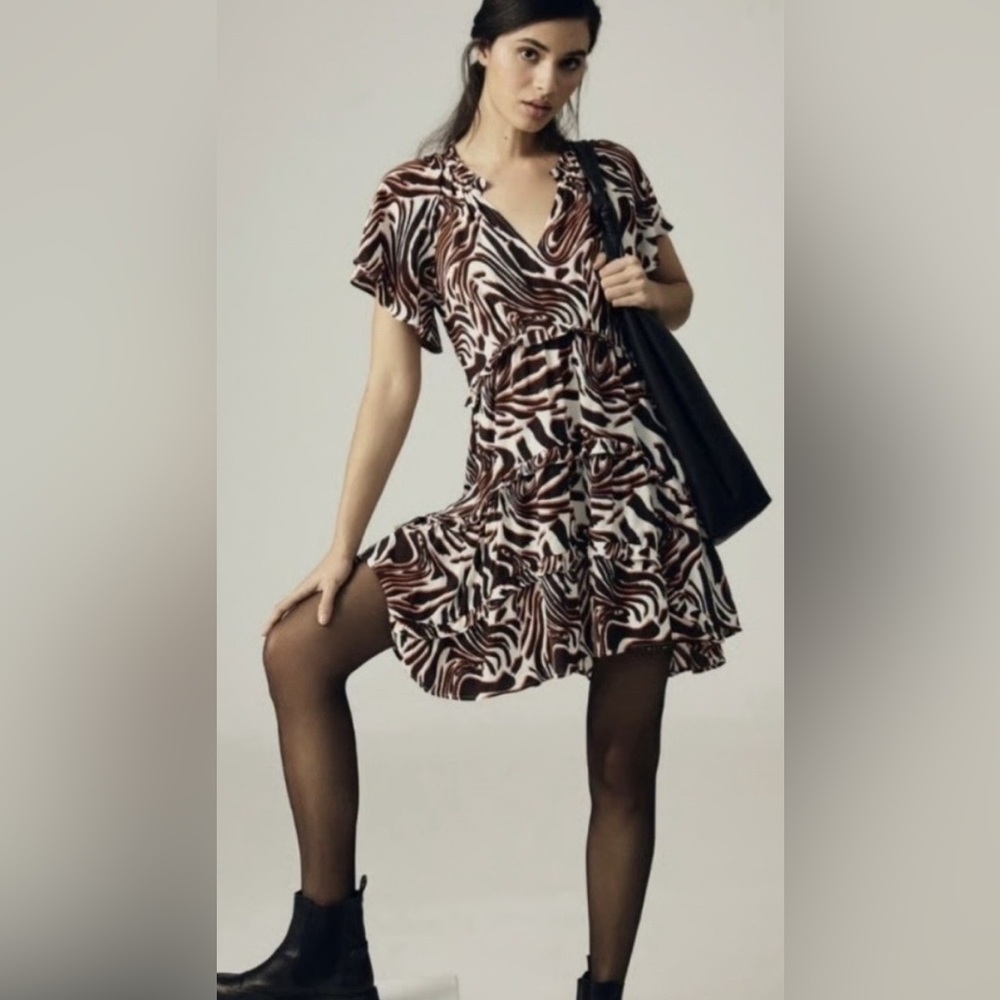 Anthropologie Robin Tiered Mini Dress in Brown Zebra